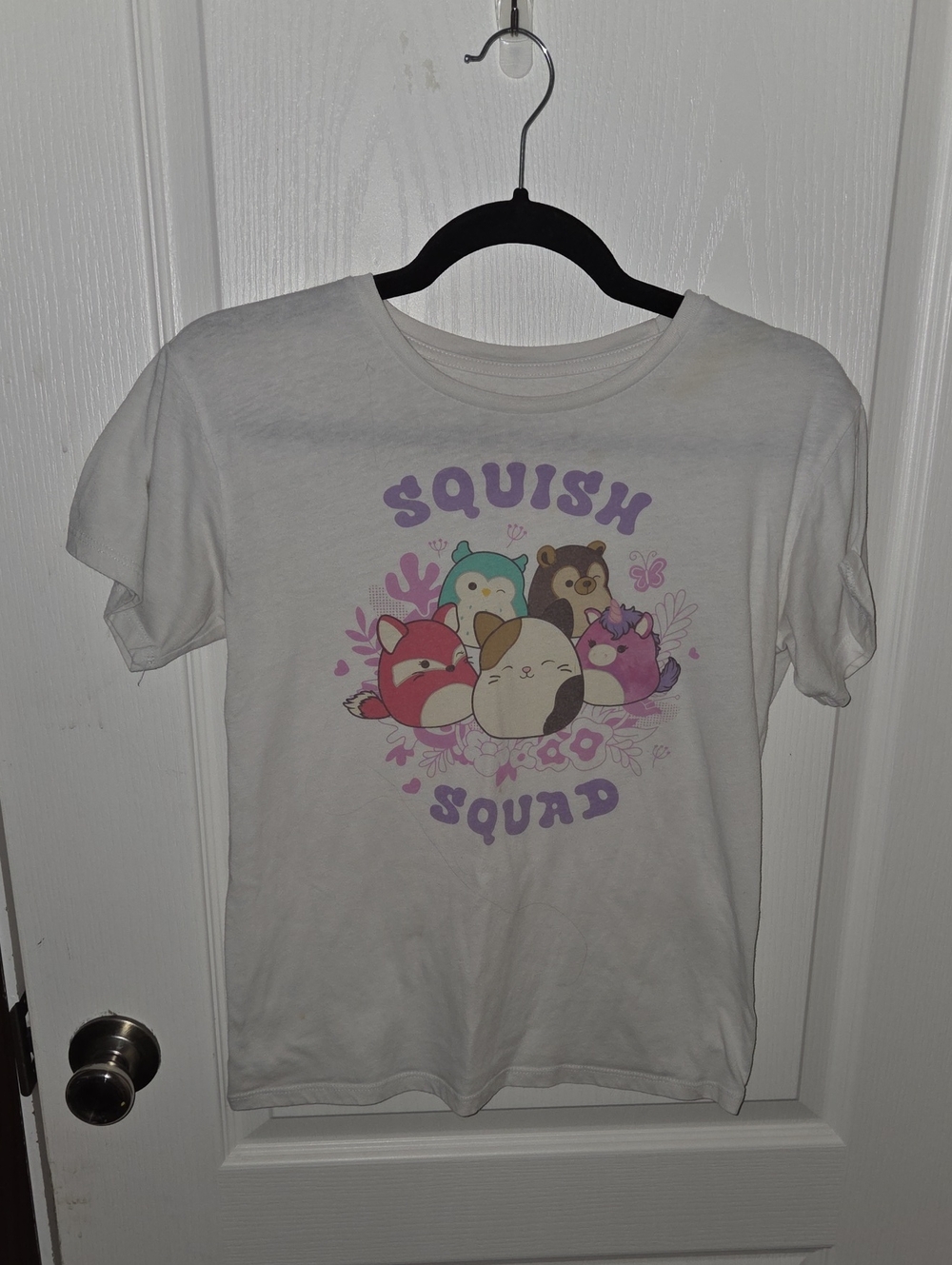 Squishmallows White Tee with Purple 'Squish Squad' Multicolor Character Print